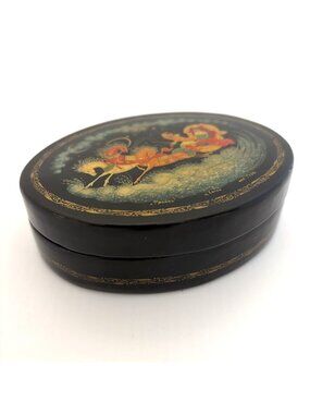 Vintage Signed Russian Kholui Lacquer Miniature Oval Box Troika by Sukhov